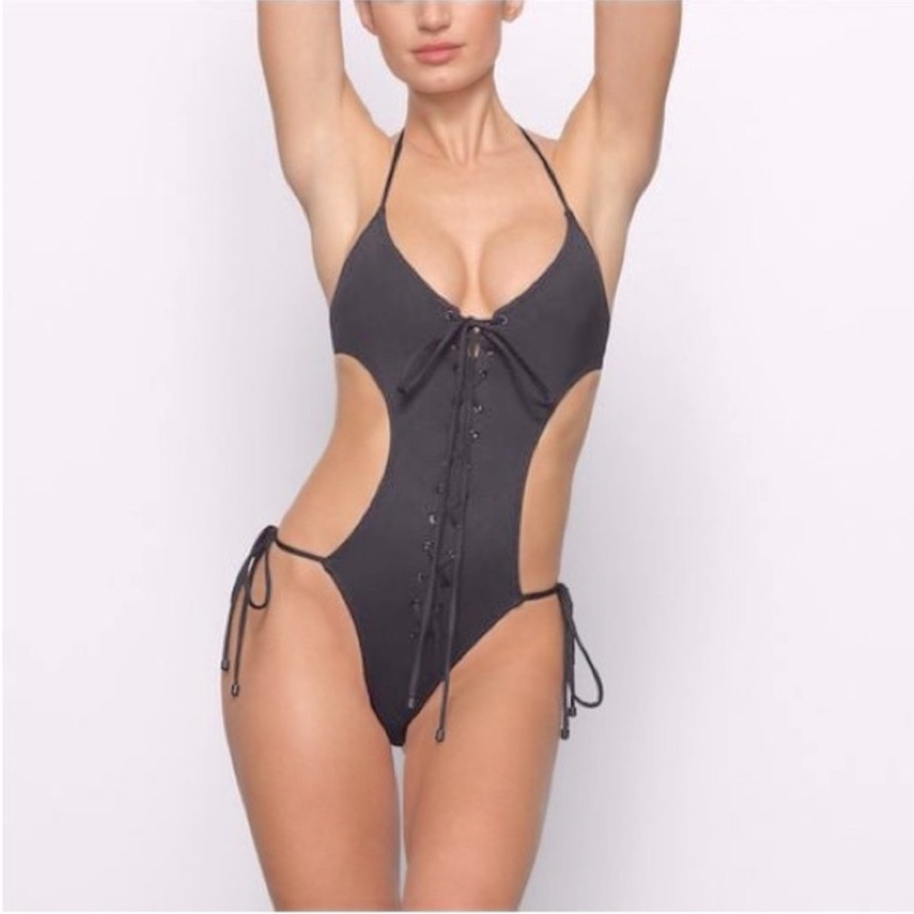 SKIMS Black Lace-Up Cutout One-Piece Swimsuit